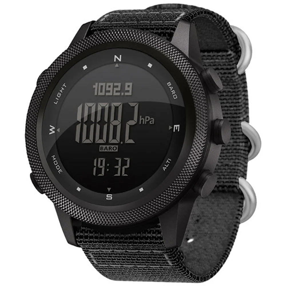 North Edge Apache 46 Digital Outdoor Watch with Black Nylon Strap North Edge Apache 46 digital outdoor watch featuring a black textured bezel, large LCD display with altitude and temperature readings, multiple function buttons, compass markings, and a durable black nylon strap for hiking, trekking, and outdoor adventure