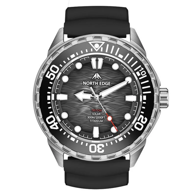 North Edge Triton Ti solar-powered diving watch with a titanium case, black rubber strap, textured grey dial, luminous hands and markers, unidirectional dive bezel, and 300m water resistance for professional diving and outdoor adventures.