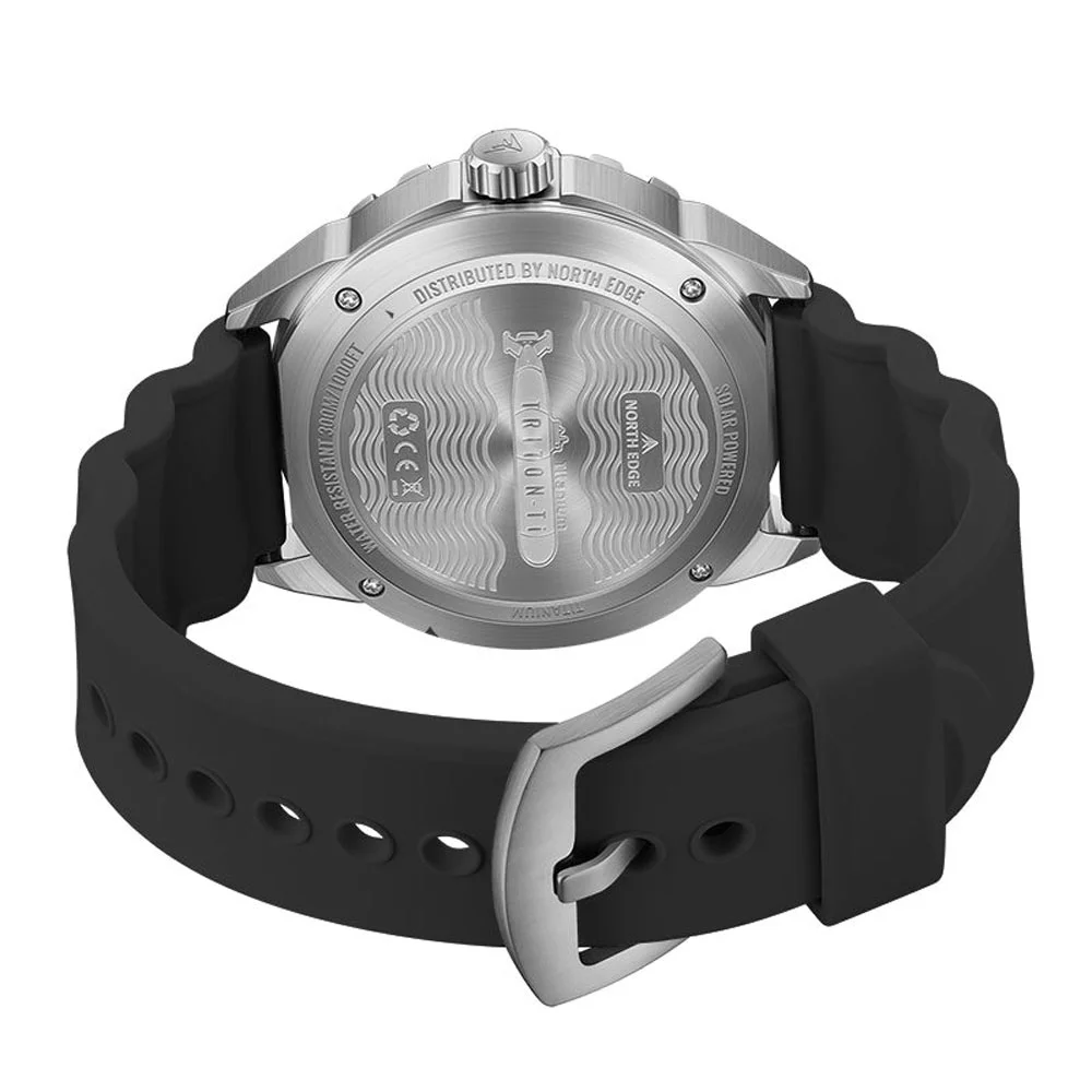 North Edge Triton Ti Solar Powered Diving Watch 300M North Edge Triton Ti solar-powered diving watch with a titanium case, black rubber strap, textured grey dial, luminous hands and markers, unidirectional dive bezel, and 300m water resistance for professional diving and outdoor adventures.