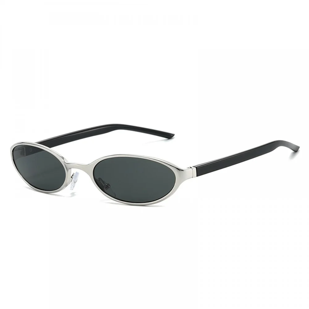 Slim oval UV400 sunglasses featuring a silver metal frame, dark tinted lenses, adjustable nose pads, and black temple arms, offering lightweight sun protection with a retro-inspired fashion design.