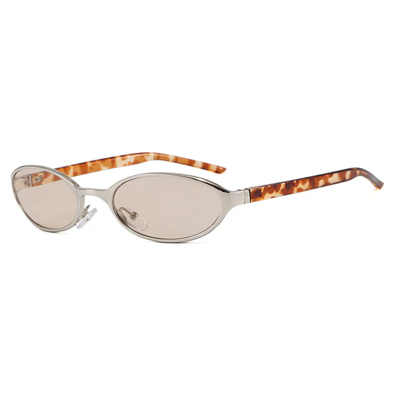 Slim oval UV400 sunglasses featuring a silver metal frame, dark tinted lenses, adjustable nose pads, and black temple arms, offering lightweight sun protection with a retro-inspired fashion design.