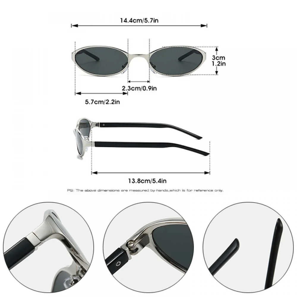 Slim oval UV400 sunglasses featuring a silver metal frame, dark tinted lenses, adjustable nose pads, and black temple arms, offering lightweight sun protection with a retro-inspired fashion design.