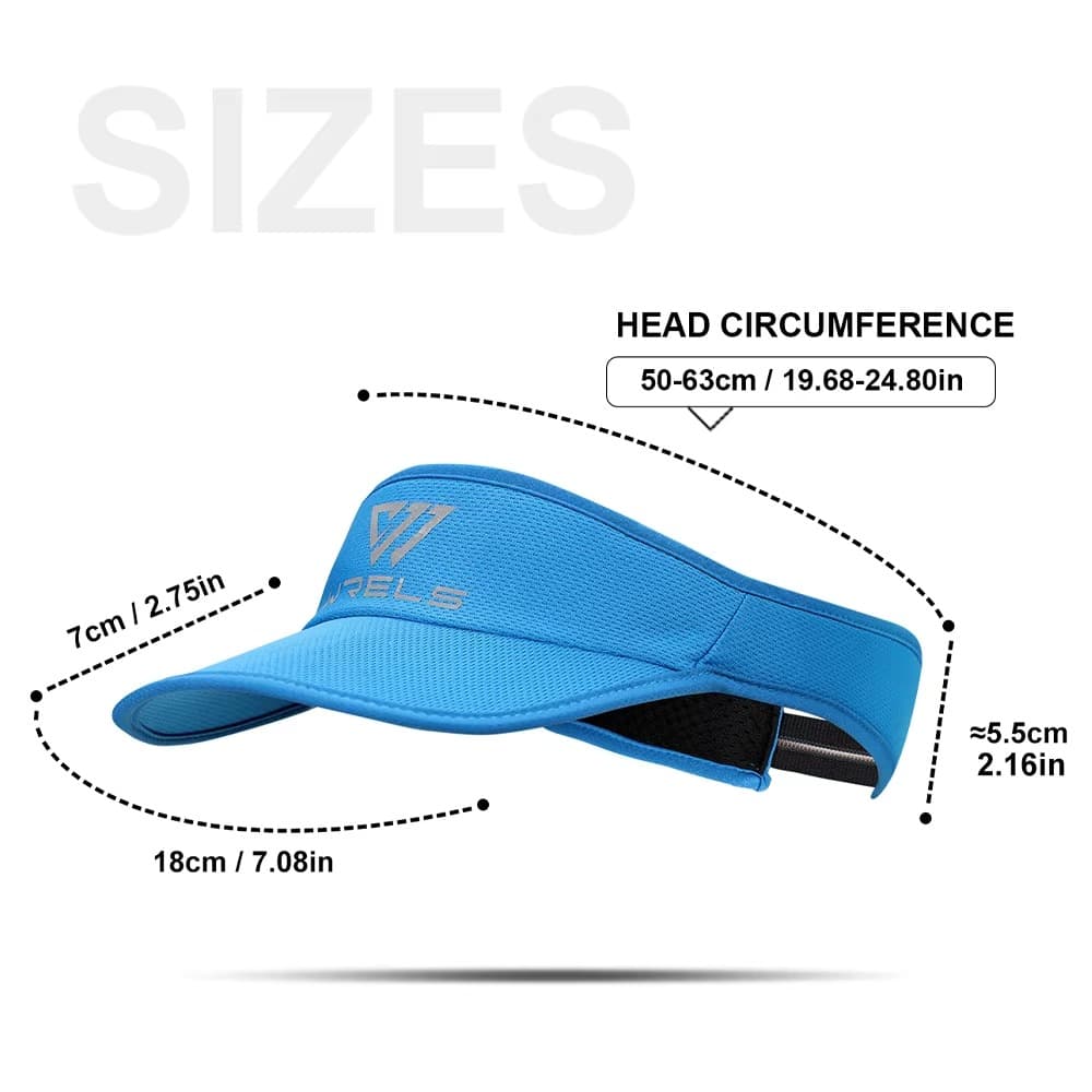 Blue quick-dry sun visor cap with measurements for brim, side height, and head circumference.