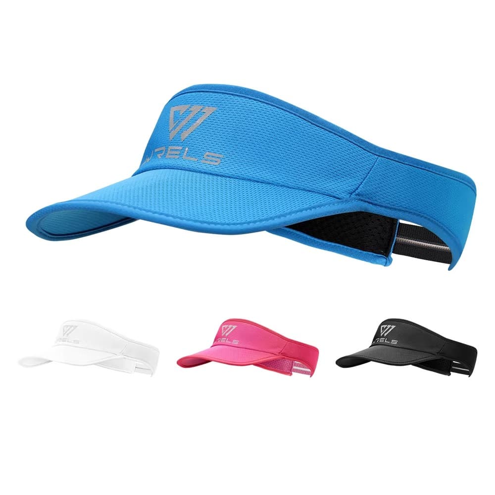 Blue quick-dry running visor shown with white, pink, and black color options.