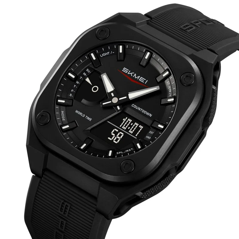 SKMEI digital sports watch with black resin case and strap, dual analog-digital display, world time and countdown functions, illuminated dial markers, and 50-meter water resistance for everyday wear and outdoor activities.