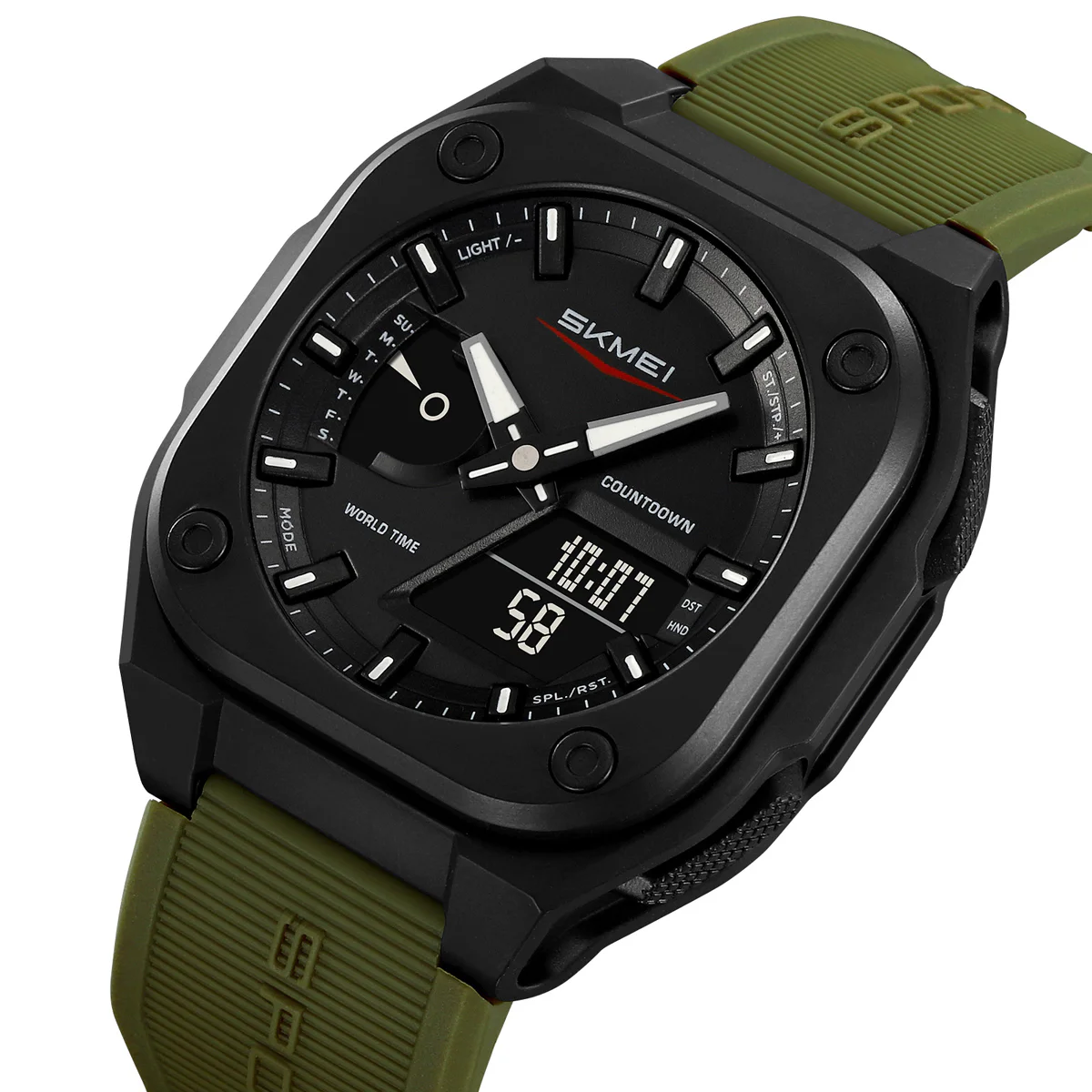 SKMEI Digital Sports Watch 50M Waterproof SKMEI digital sports watch with black resin case and strap, dual analog-digital display, world time and countdown functions, illuminated dial markers, and 50-meter water resistance for everyday wear and outdoor activities.