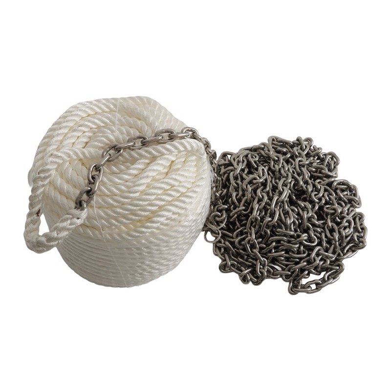 Abel 3-strand nylon anchor rope and galvanised anchor chain kit featuring 18mm white marine rope with 8mm chain for secure boat anchoring