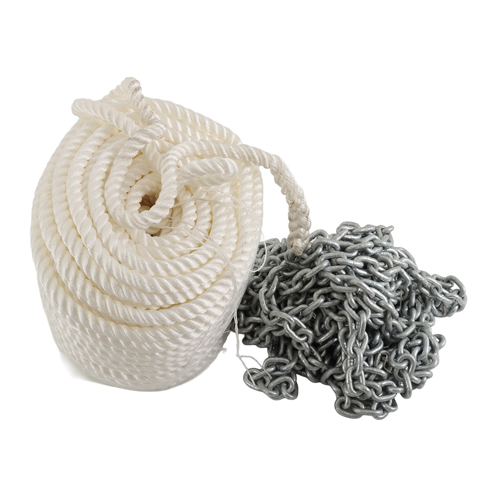 Abel heavy-duty 3-strand nylon anchor rope and galvanised chain kit featuring 24mm white marine rope with 12mm galvanised chain for large boat anchoring