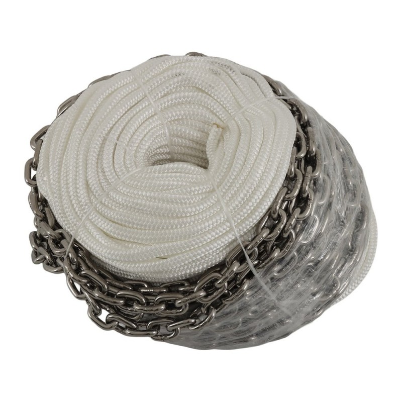 Abel double braid nylon anchor rope and stainless steel chain kit featuring 10mm white marine rope with 6mm stainless anchor chain for boats and marine anchoring
