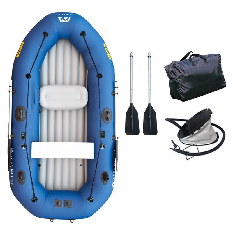 Blue Aqua Marina Classic 3 person inflatable boat with engine motor mount oars air pump carry bag and accessories for fishing boating and lake adventures