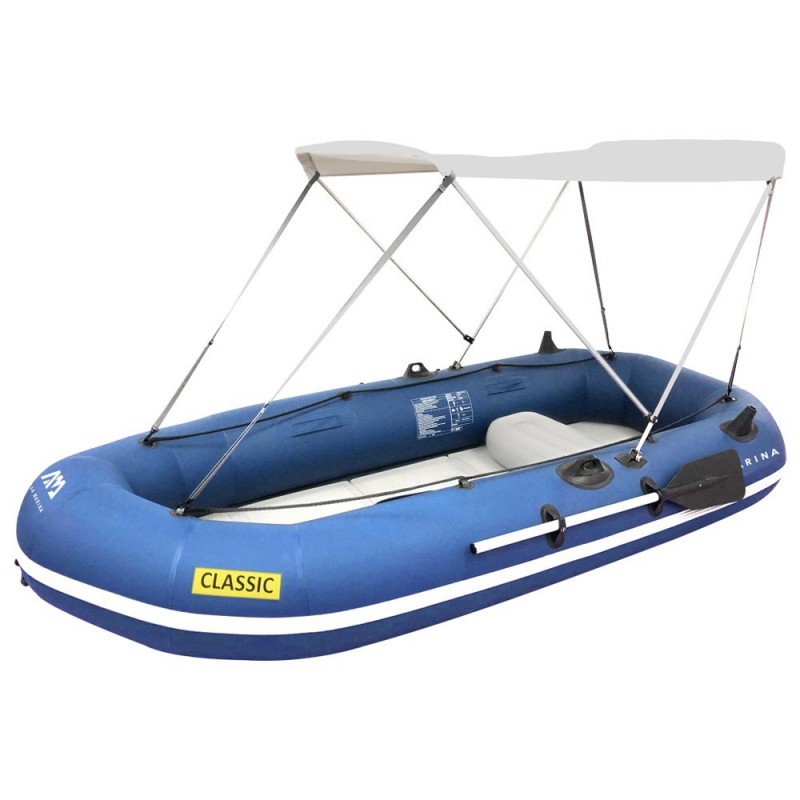 Aqua Marina Speedy boat canopy mounted on inflatable Classic and Deluxe 2.5 metre boat providing sun shade and weather protection for boating and fishing trips