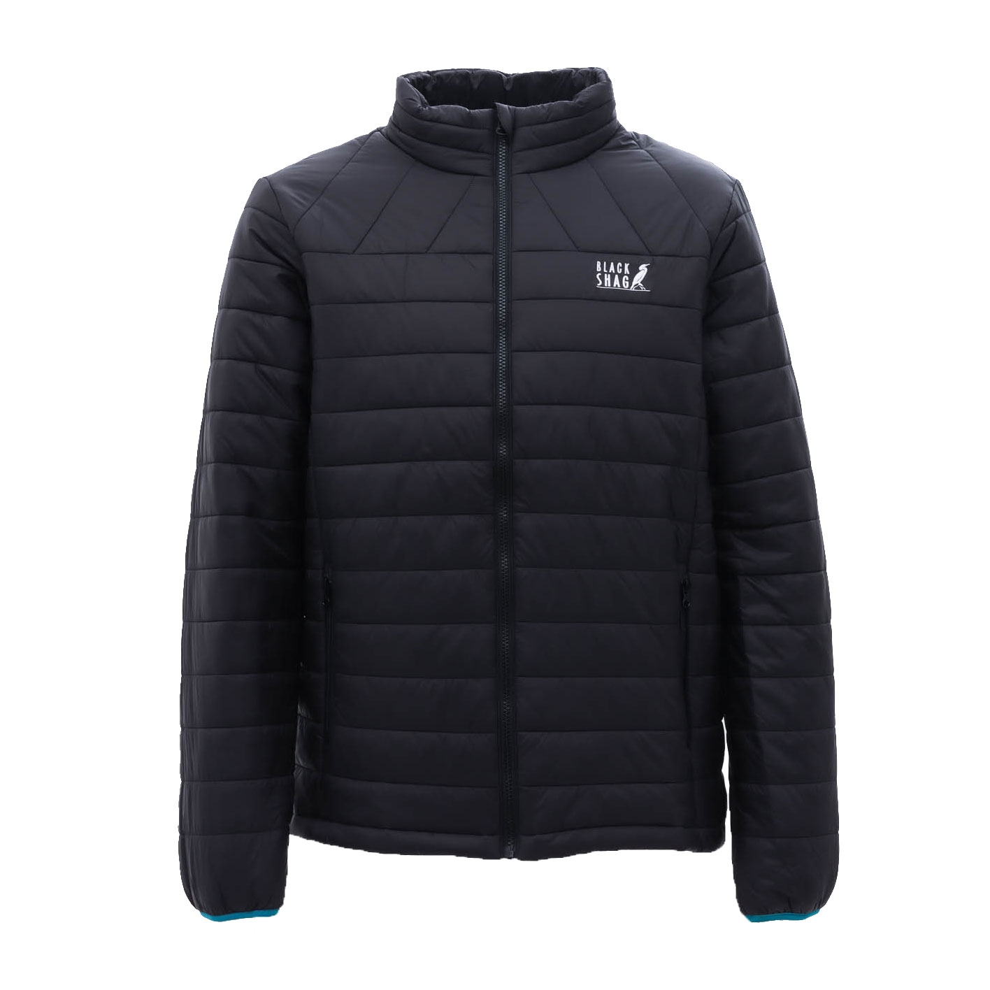 Black padded puffer jacket with lightweight insulated design full zip fastening and thermal quilted construction for winter outdoor wear