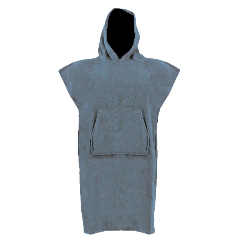 Slate blue cotton poncho towel with hood front pocket and soft absorbent fabric designed for beach swimming surfing and outdoor changing use