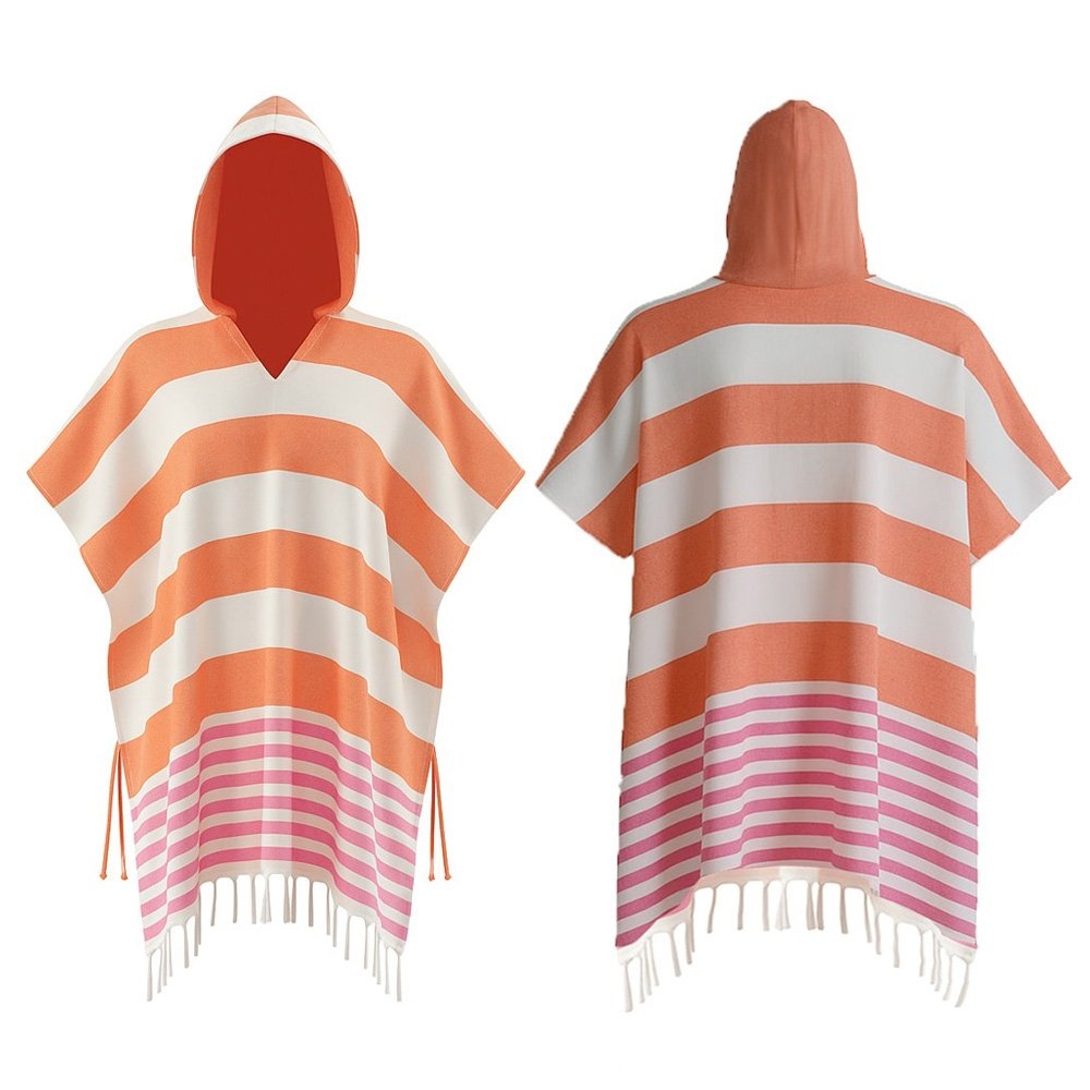 Coral pink and white striped hand-loomed cotton beach fouta poncho with hood lightweight breathable beach cover up with tassel hem