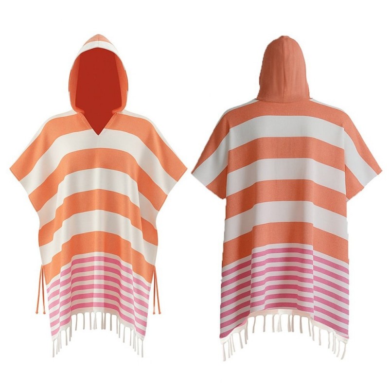 Coral pink and white striped hand-loomed cotton beach fouta poncho with hood lightweight breathable beach cover up with tassel hem