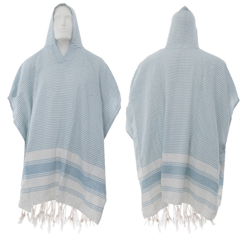 Blue and white striped hand-loomed cotton beach fouta poncho with hood lightweight breathable towel poncho for beach holidays spa and poolside use