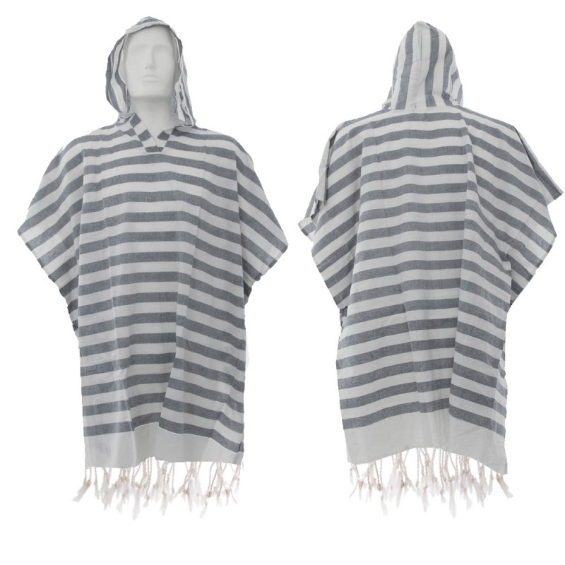 Grey and white striped hand-loomed cotton beach fouta poncho with hood lightweight breathable towel poncho with tassel hem for beach and spa use