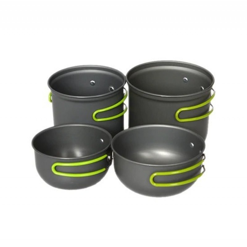 Domex 4 piece anodised billy pot cooking set with lightweight camping pots and foldable handles for hiking, camping and outdoor cooking