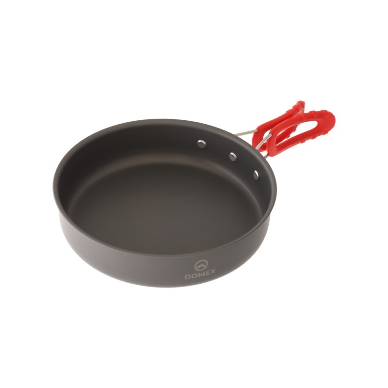 Domex 19cm anodised camping frying pan with foldable handle designed for lightweight outdoor cooking, hiking, camping and backpacking adventures