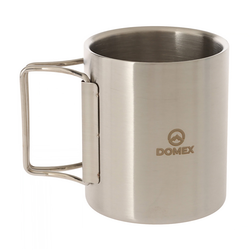 Domex double-walled stainless steel camping mug with folding handles and 210ml capacity for hiking, camping, travel and outdoor use