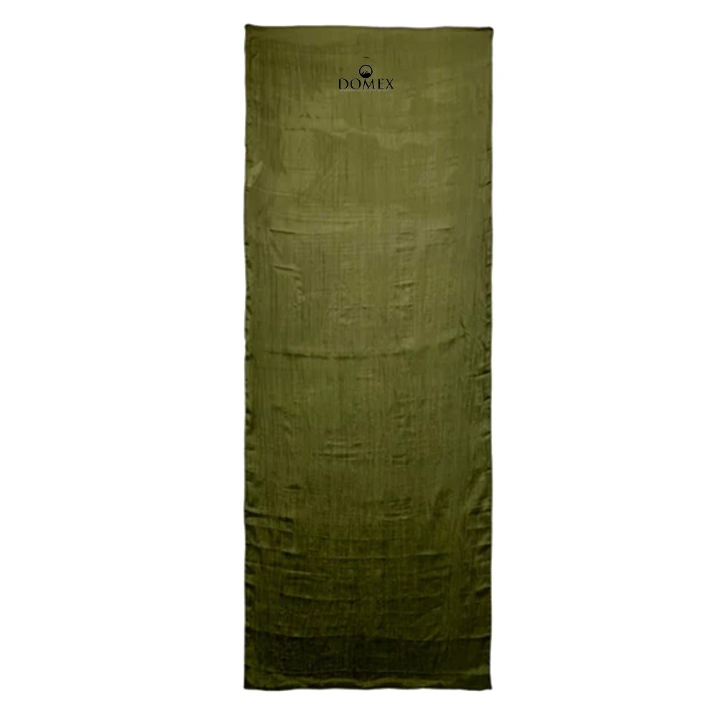 Domex silk sleeping bag liner in dark green designed to add warmth, comfort and hygiene to sleeping bags during camping and travel adventures