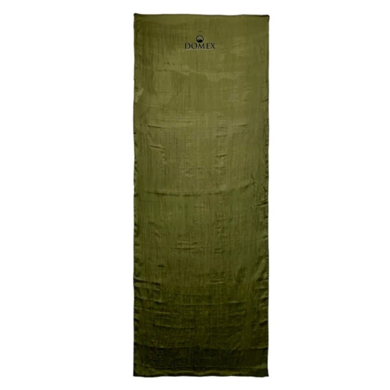 Domex silk sleeping bag liner in dark green designed to add warmth, comfort and hygiene to sleeping bags during camping and travel adventures