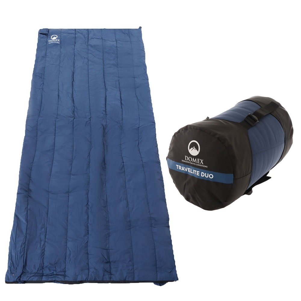 Domex Travelite Duo sleeping bag and blanket in blue with compact carry bag for camping, travel, hiking and outdoor adventures