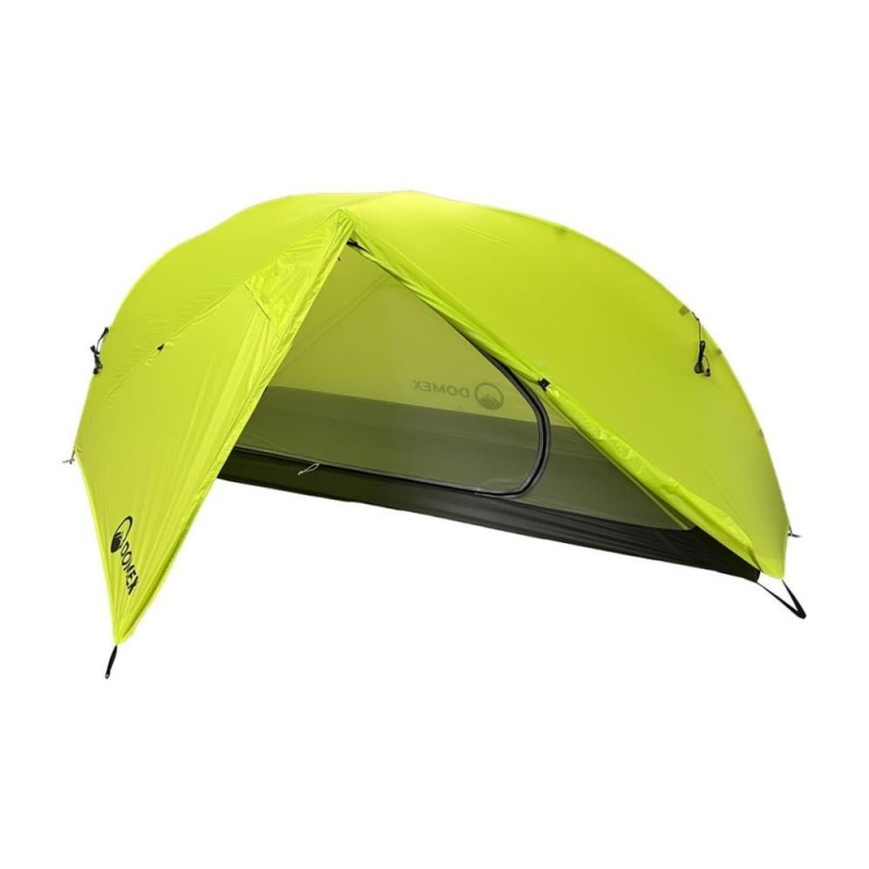 Domex Velocity 1 person ultralight hiking dome tent in bright green designed for backpacking, trekking and lightweight camping adventures