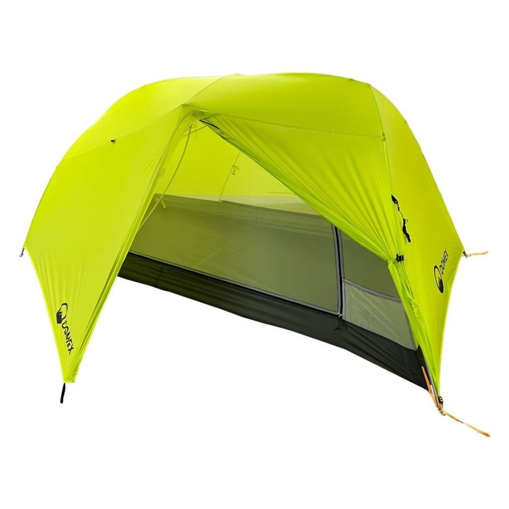 Domex Velocity 2 person ultralight hiking dome tent in bright green designed for backpacking, trekking and lightweight camping adventures