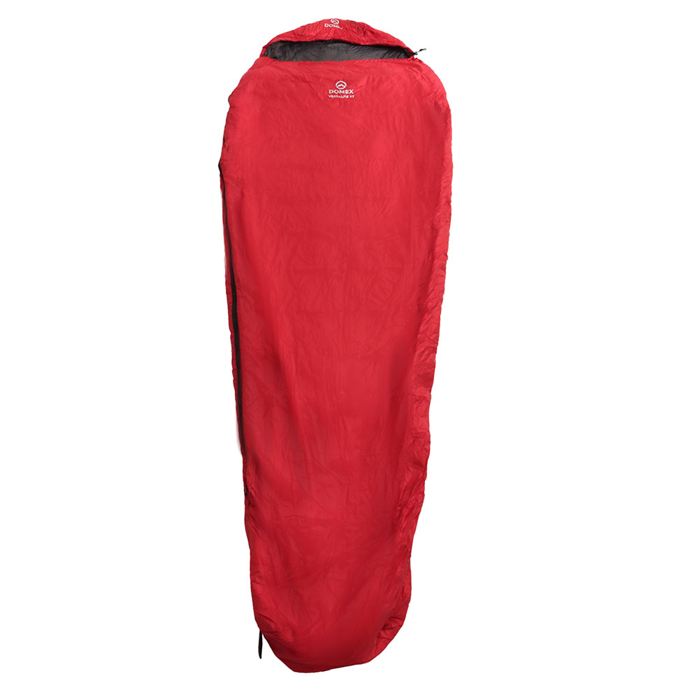 Domex Versalite -6C X-Tall sleeping bag in true red packed into compact compression sack for camping, hiking and outdoor adventures