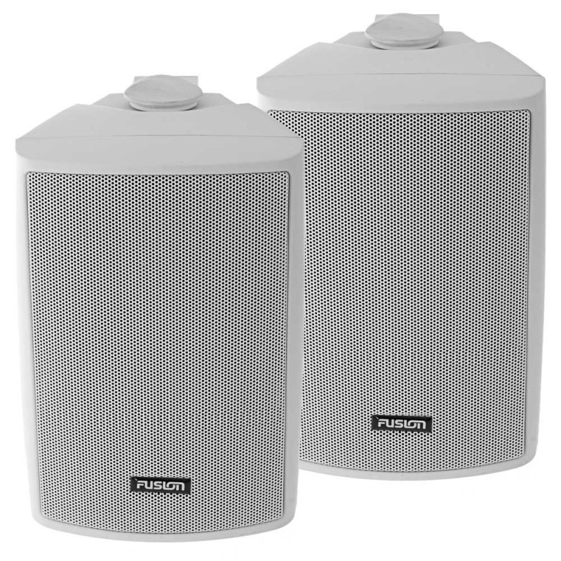Pair of Fusion 4 inch 2-way marine box speakers in white with waterproof construction designed for boats yachts outdoor audio and marine entertainment systems