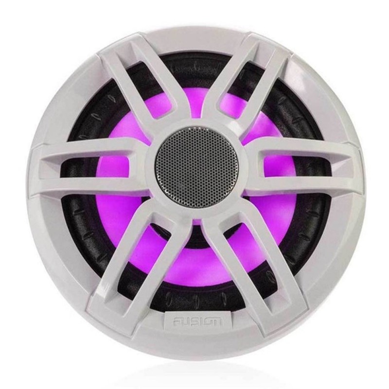 Fusion XS Series 7.7 inch marine speaker with integrated sports style RGB LED lighting and waterproof white grille designed for boats yachts and marine audio systems