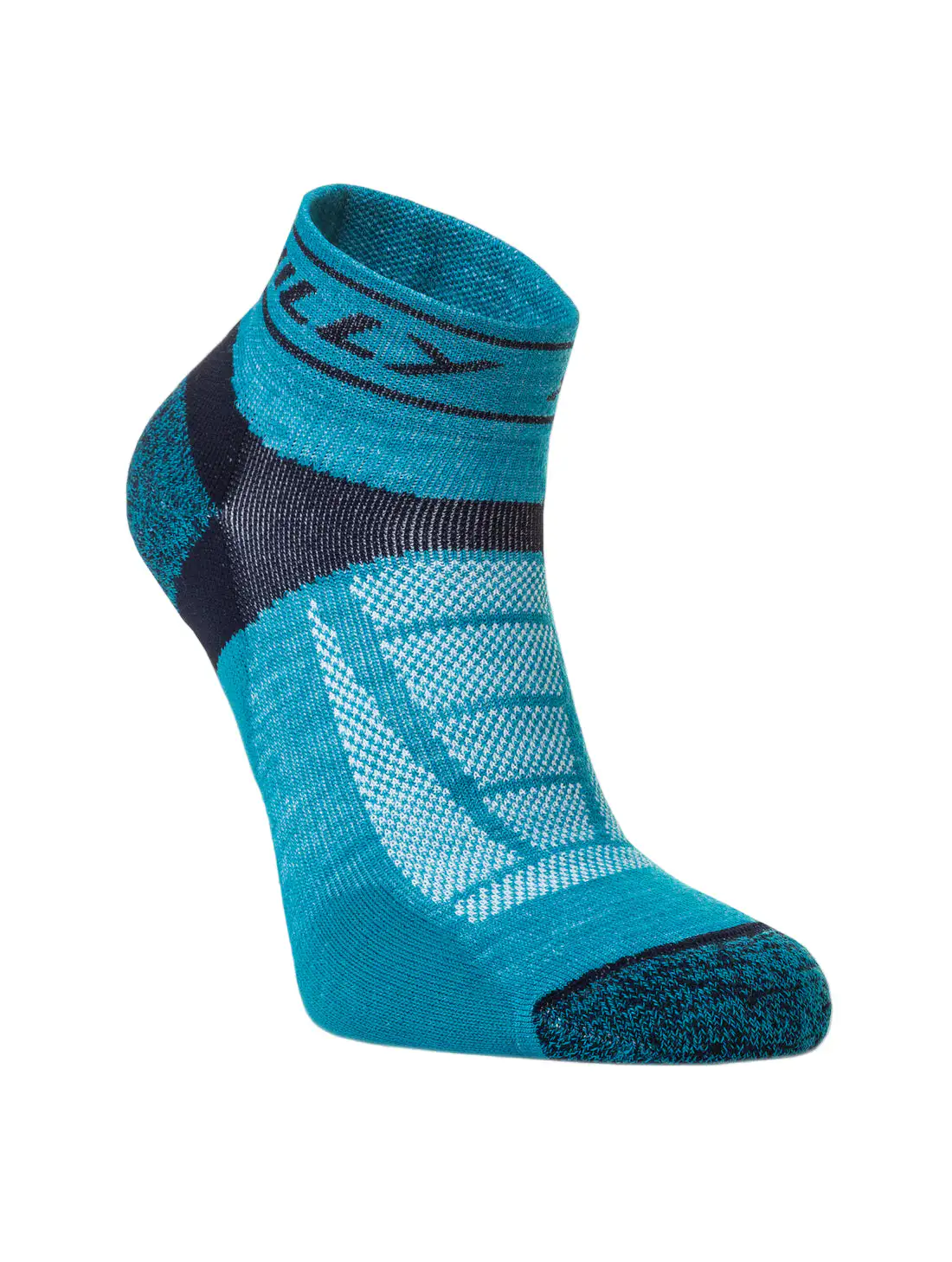 Hilly Trail Quarter running socks in turquoise with cushioned support, breathable mesh panels and moisture-wicking performance for trail running and hiking adventures