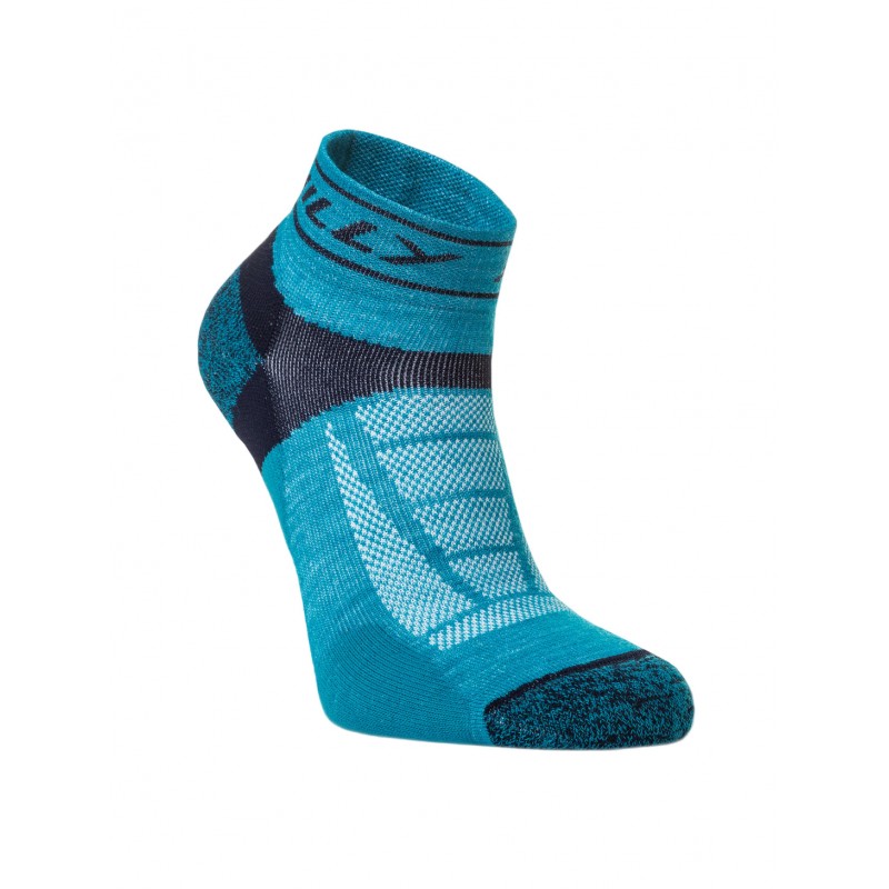Hilly Trail Quarter running socks in turquoise with cushioned support, breathable mesh panels and moisture-wicking performance for trail running and hiking adventures