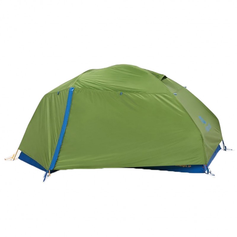Marmot Limelight 2-person camping tent in foliage green and dark azure blue with waterproof rainfly designed for backpacking camping and outdoor adventures