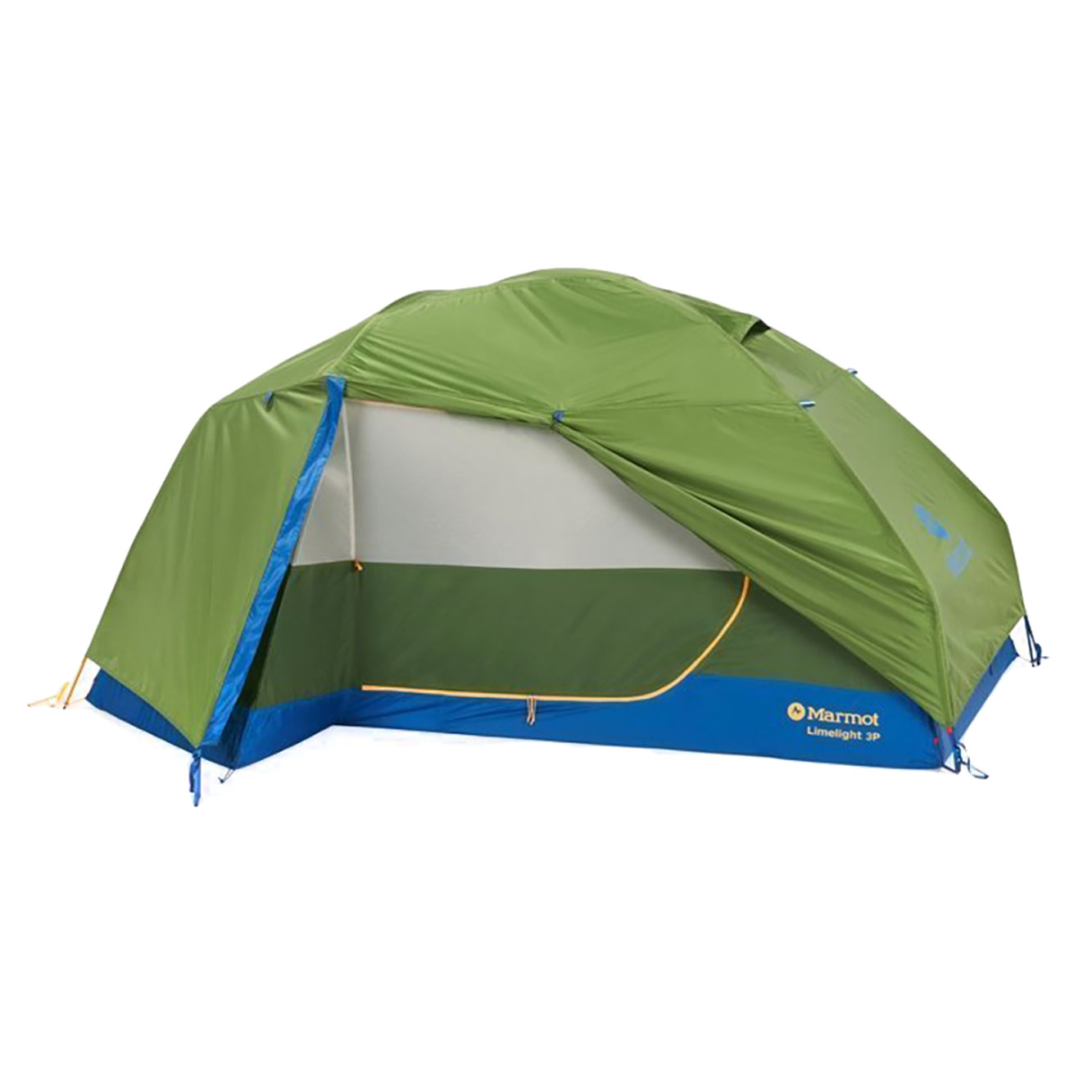 Marmot Limelight 3-person camping tent in foliage green and dark azure blue with waterproof rainfly for backpacking camping and outdoor adventures