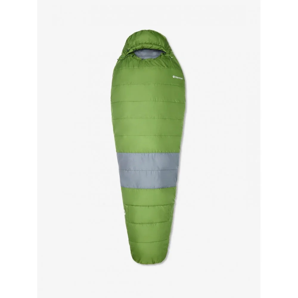 Marmot Trestles Elite Eco 30 sleeping bag in foliage green and steel onyx rated to -1C with insulated mummy design for camping backpacking and hiking