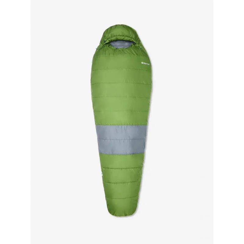 Marmot Trestles Elite Eco 30 sleeping bag in foliage green and steel onyx rated to -1C with insulated mummy design for camping backpacking and hiking