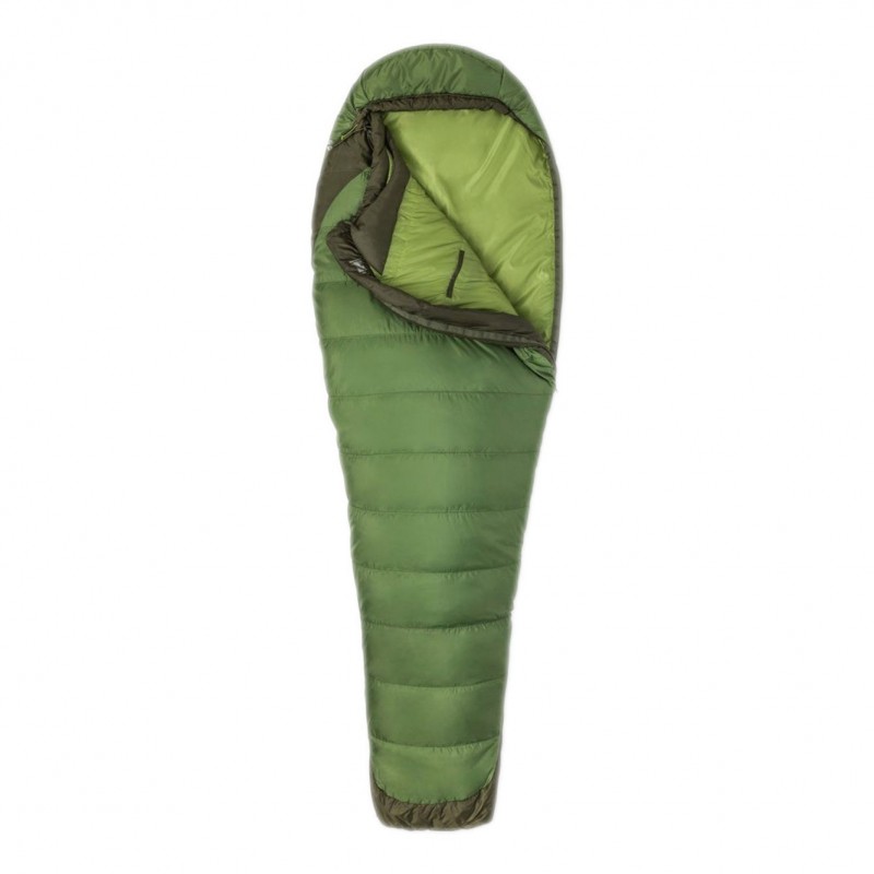 Marmot Trestles Elite Eco 30 mummy sleeping bag in vine green and forest colours featuring lightweight synthetic insulation for camping and backpacking in cool weather