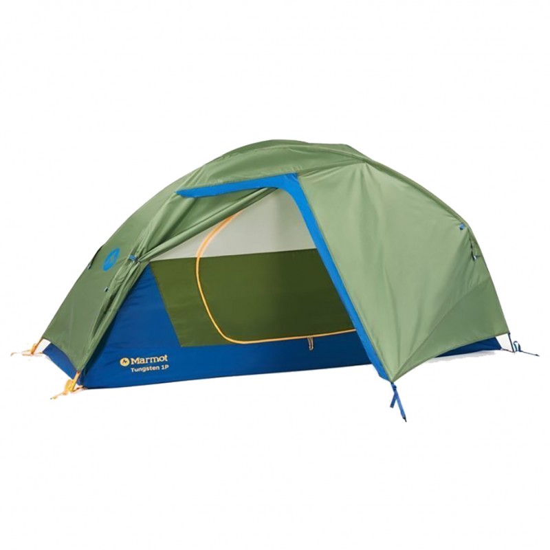 Marmot Tungsten 1-person camping tent in foliage green and dark azure blue featuring waterproof rainfly and vestibule for solo backpacking and hiking adventures