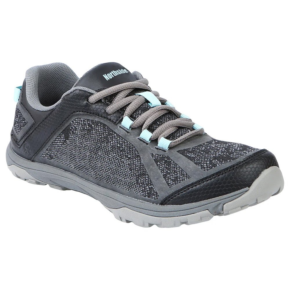 Northside Belmont Trek women’s hiking shoes in black and aqua featuring lightweight breathable mesh construction flexible comfort sole and durable outdoor trail design