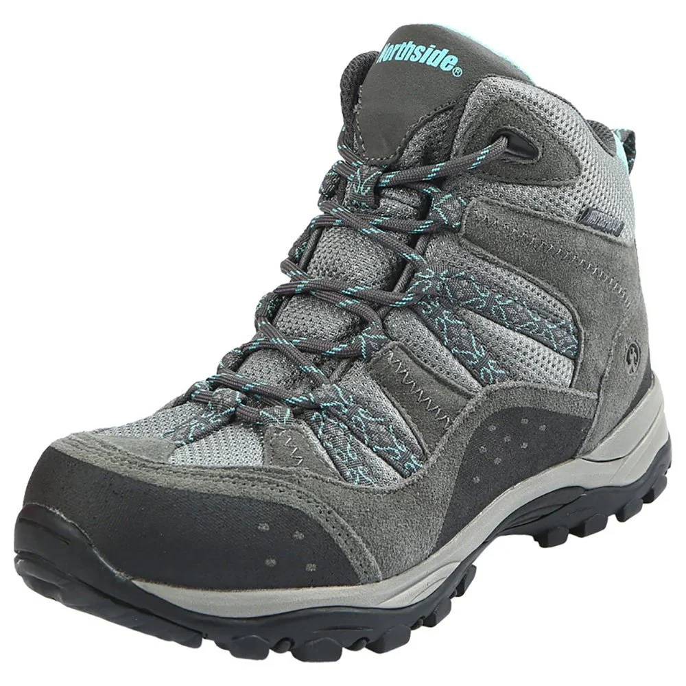 Women’s Northside Freemont mid hiking boots in grey and aqua featuring waterproof construction rugged traction sole cushioned ankle support and durable outdoor hiking design