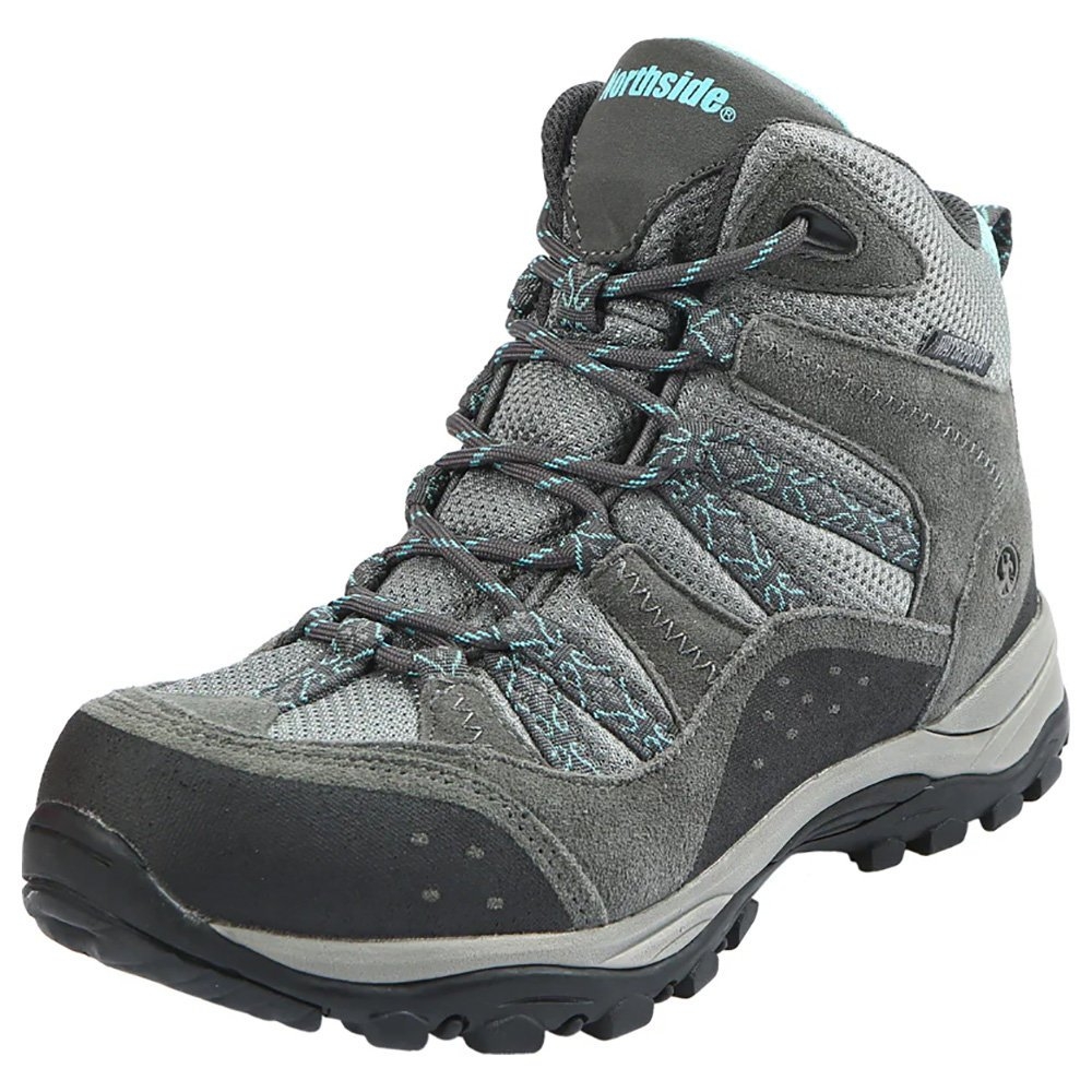 Women’s Northside Freemont mid hiking boots in grey and aqua featuring waterproof construction rugged traction sole cushioned ankle support and durable outdoor hiking design