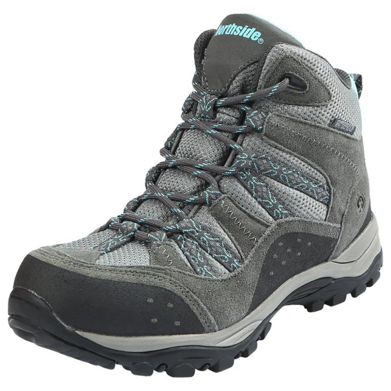 Women’s Northside Freemont mid hiking boots in grey and aqua featuring waterproof construction rugged traction sole cushioned ankle support and durable outdoor hiking design