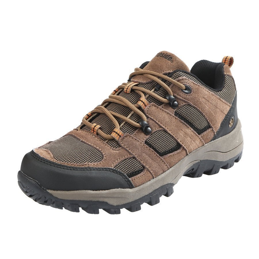 Northside Monroe men’s low wide hiking boots in brown featuring rugged trail outsole breathable mesh panels cushioned support and durable outdoor hiking design