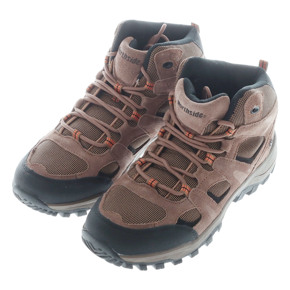 Northside Monroe men’s mid hiking boots in brown featuring rugged traction outsole cushioned ankle support breathable mesh panels and durable outdoor trail design