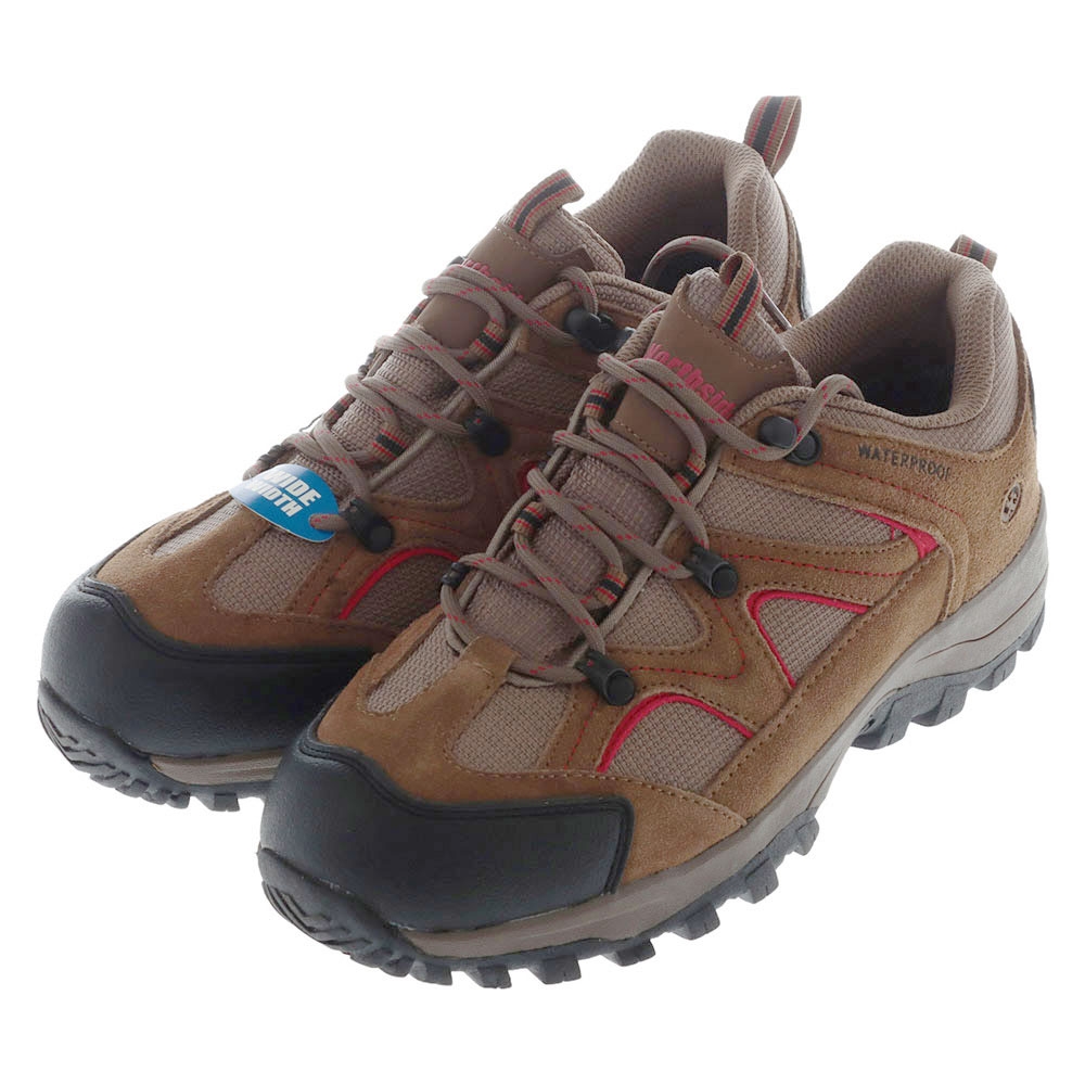Northside Snohomish men’s low hiking boots in brown with chili pepper red accents featuring waterproof construction rugged outsole cushioned support and durable trail-ready design