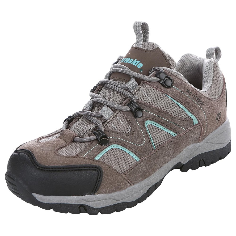 Northside Snohomish women’s low hiking boots in warm grey and sage featuring waterproof construction rugged traction outsole cushioned comfort and durable outdoor trail design