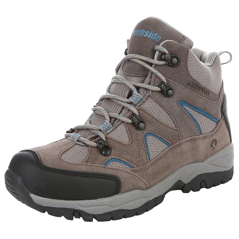 Northside Snohomish women’s mid hiking boots in brown and teal with waterproof construction cushioned ankle support rugged outsole and durable outdoor trail design