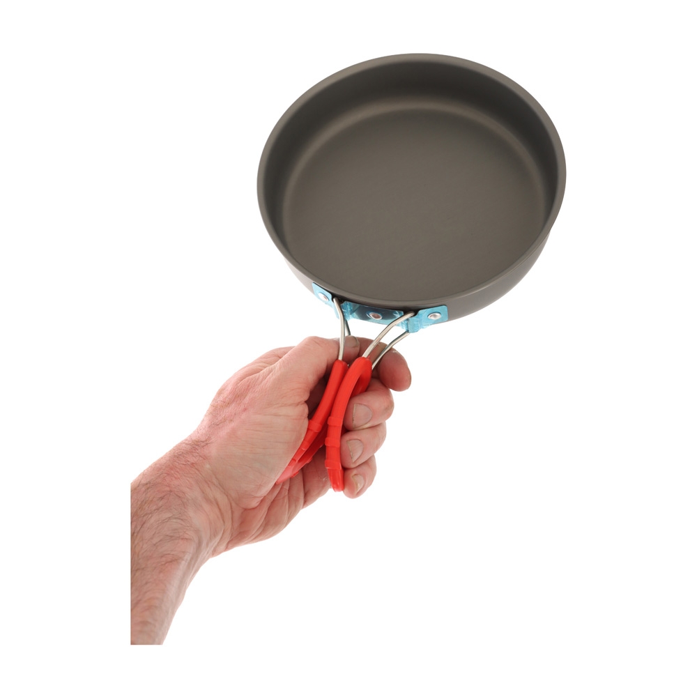 Domex 19cm anodised camping frying pan with foldable handle designed for lightweight outdoor cooking, hiking, camping and backpacking adventures